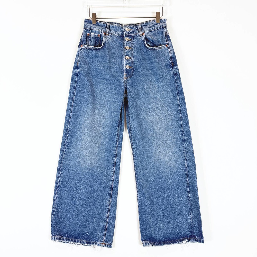 Zara Women's High Rise Wide Leg Exposed Button Cotton Jeans Medium Wash SZ 8/29